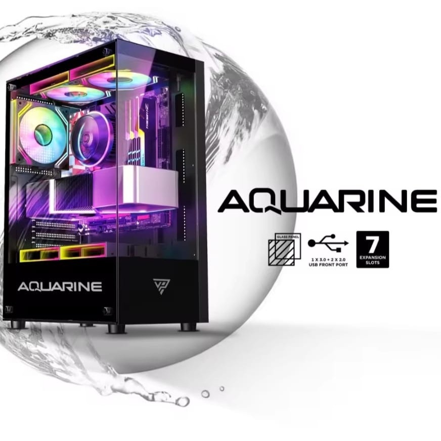 Casing Gaming Varro AQUARINE Black + 3 Fan RGB ATX Side Tempered Glass