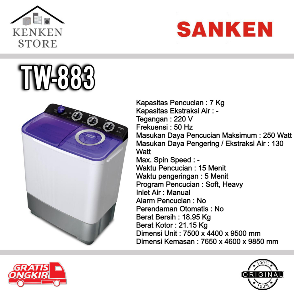 MESIN CUCI SANKEN 2 TABUNG TW883 KAPASITAS 7KG