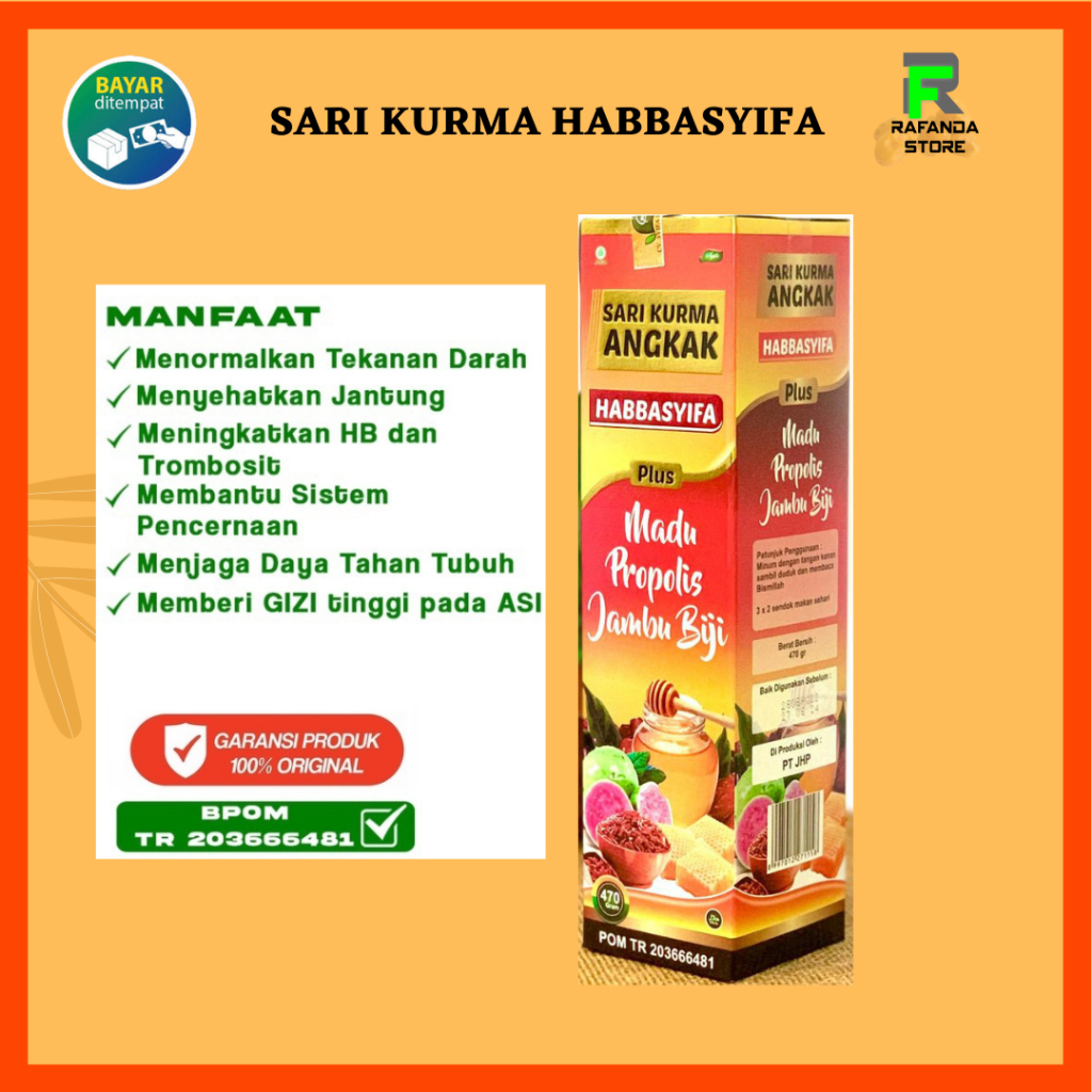 

Sari Kurma Madu Angkak Plus Propolis , Jambu Biji Merah Habbasyifa 470gr