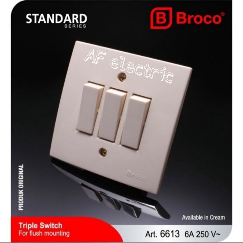 Saklar IB tripel swicth broco cream/saklar inbow cetrekan tiga broco 6613/Broco saklar triple cream