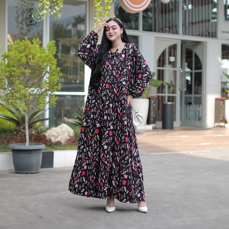 Gamis susun rayon jumbo LD 130-MAXI dress rayon jumbo muat bb 100kg LD 130 motif bunga kekinian-gami