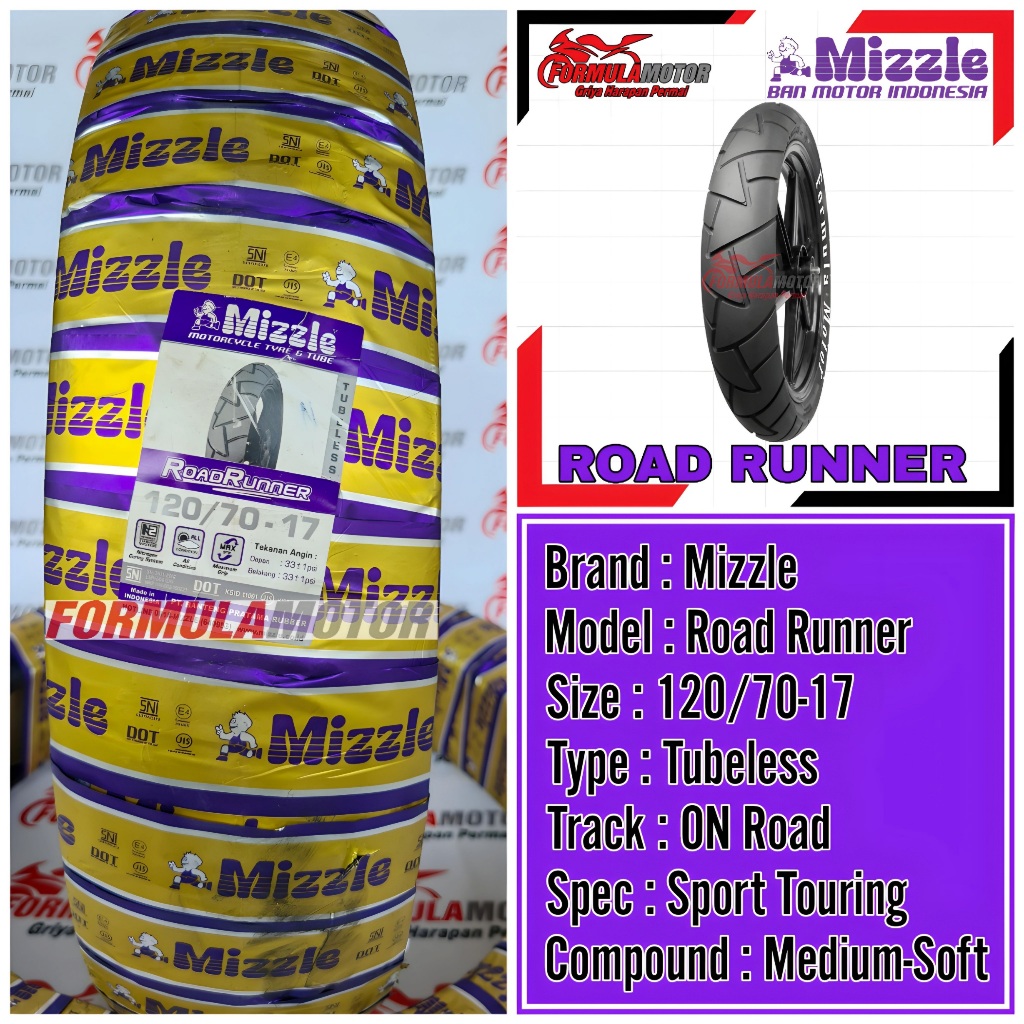 120/70-17 Mizzle Road Runner Ring 17 Tubeless (Profil Donat) Ban Belakang Motor Vixion, MX-King, Supra GTR, GSX, Byson, Tracker Tubles