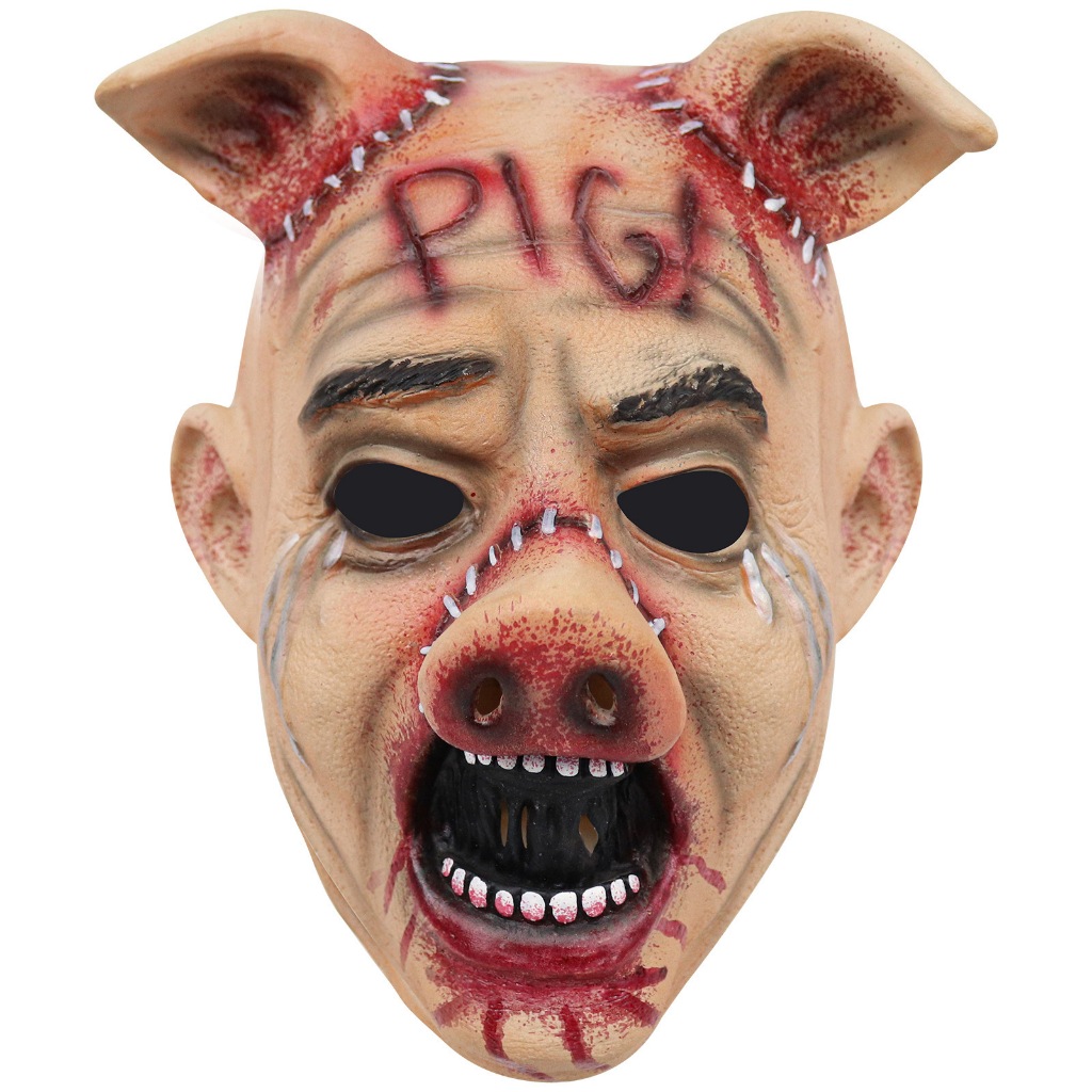 Topeng Wajah Lateks Cosplay Karakter Babi Gergaji Horor Topeng Pesta Halloween