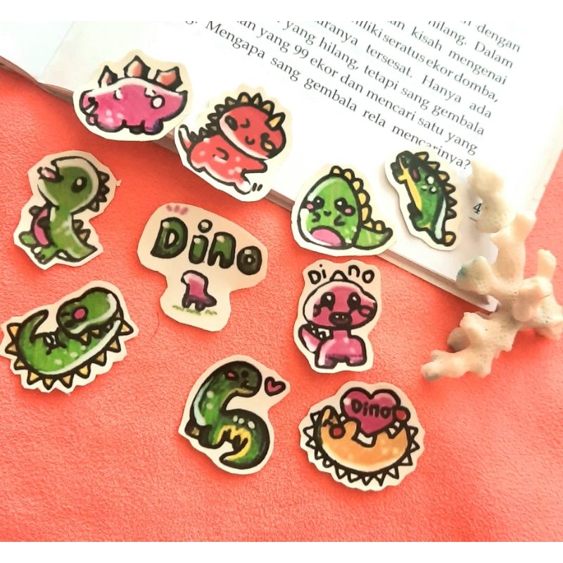 

Stiker dino dinosaurus kartun karakter lucu digambar handmade buatan anak SD