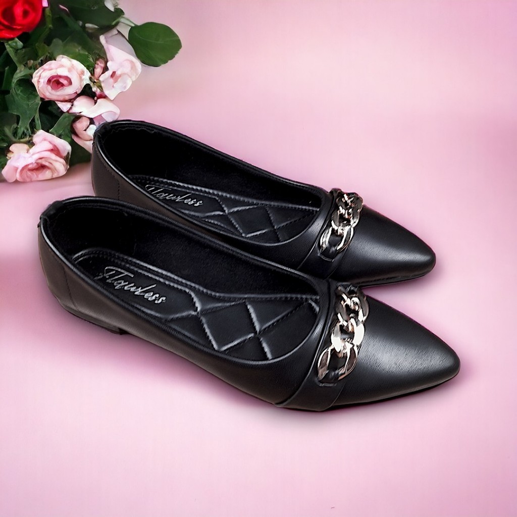 Flatshoes wanita sepatu wanita elegan casual Flawless Rantai Hitam terlaris original