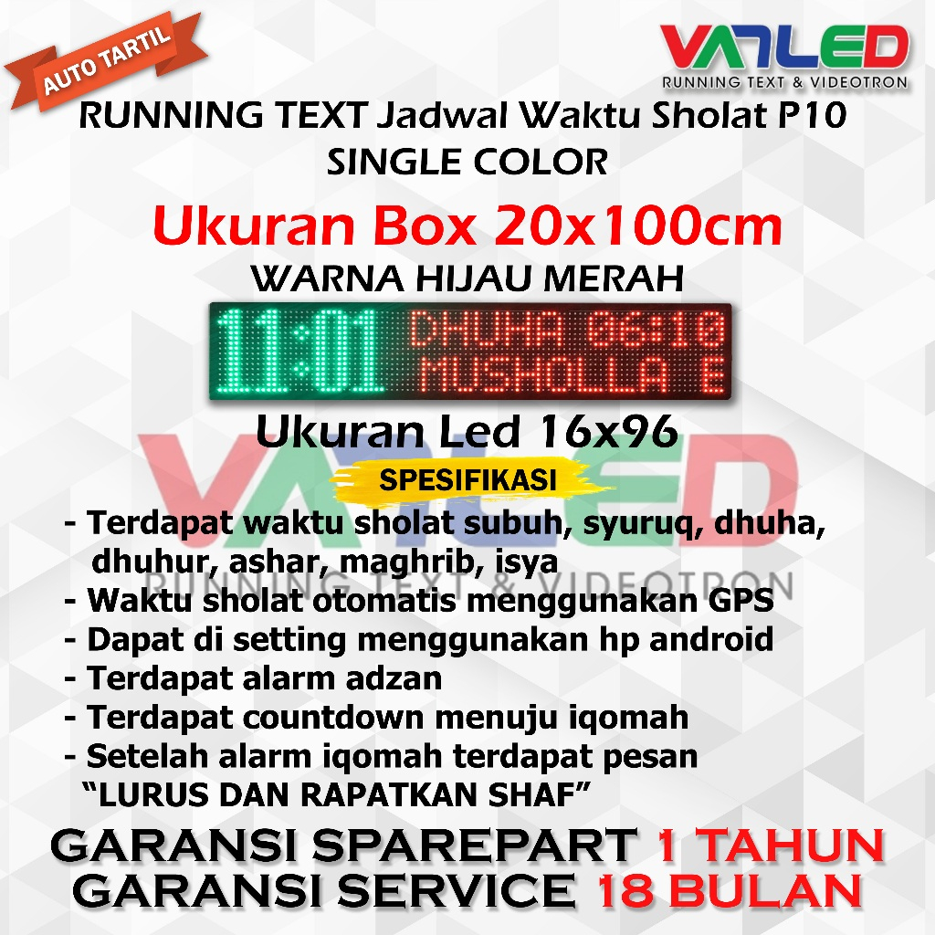 Jam Sholat Jadwal Sholat Digital Jam Masjid P10 Single Color 20x100cm Wifi