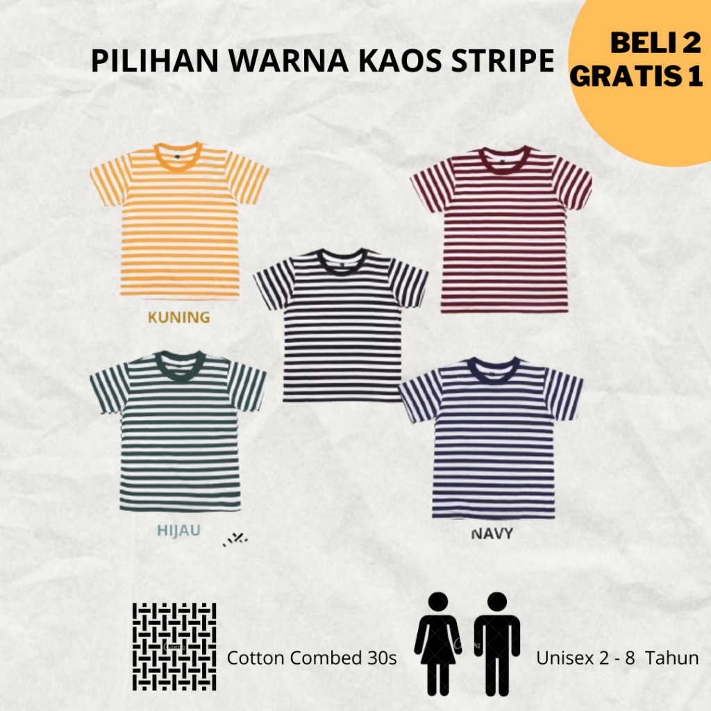 Azhar_Shop.Kids - Beli 2 Gratis 1 Kaos Salur Anak Kaos Stripe Anak Baju Anak Pakaian Anak Baju Distro Anak Pakaian Distro Anak kaos Stripe Anak Laki Laki Perempuan Kaos Salur Anak Laki Laki Perempuan Unisex Bahan Katun Combed 30s Untuk Usia 2 -8 Tahun