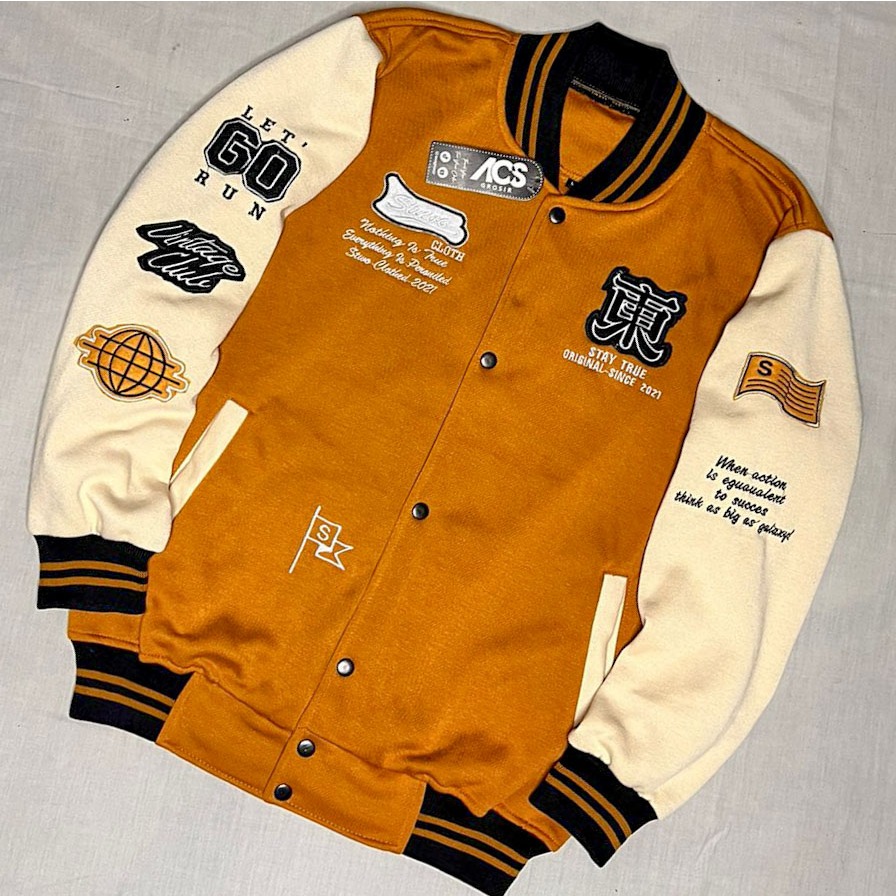 Jaket Varsity Base Ball Full Bordir Lengan Panjang Bahan Fleece Tebal Adem