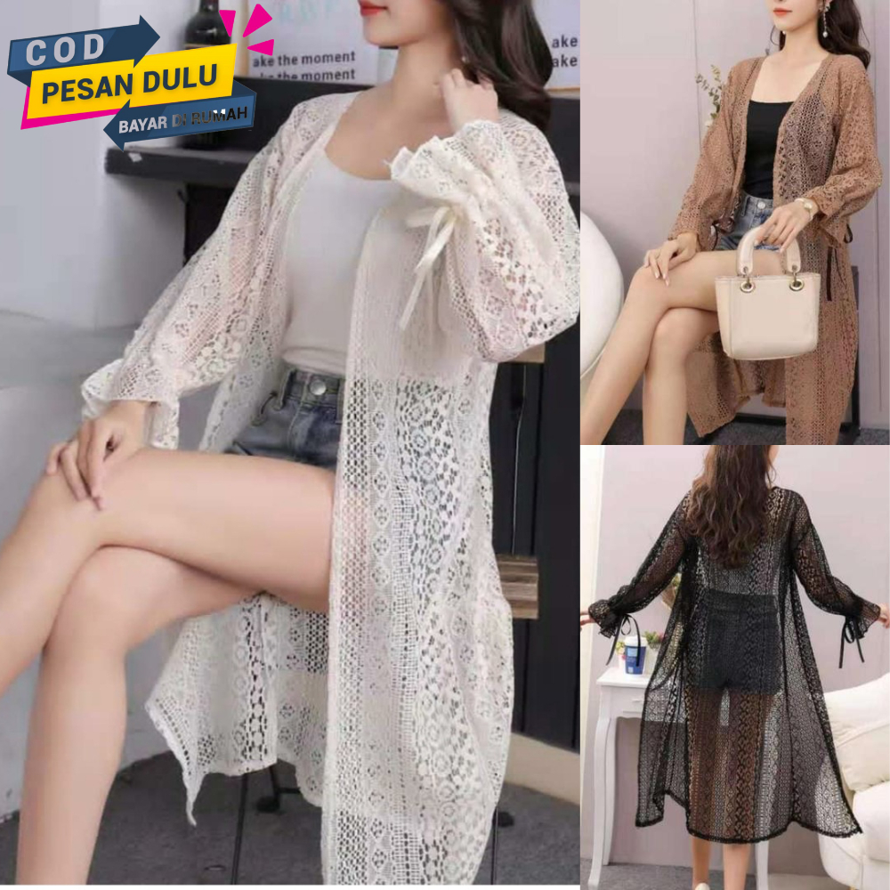 Long Outer Cardigan Putih korean style Jumbo Lengan Panjang Pita / Busana pantai