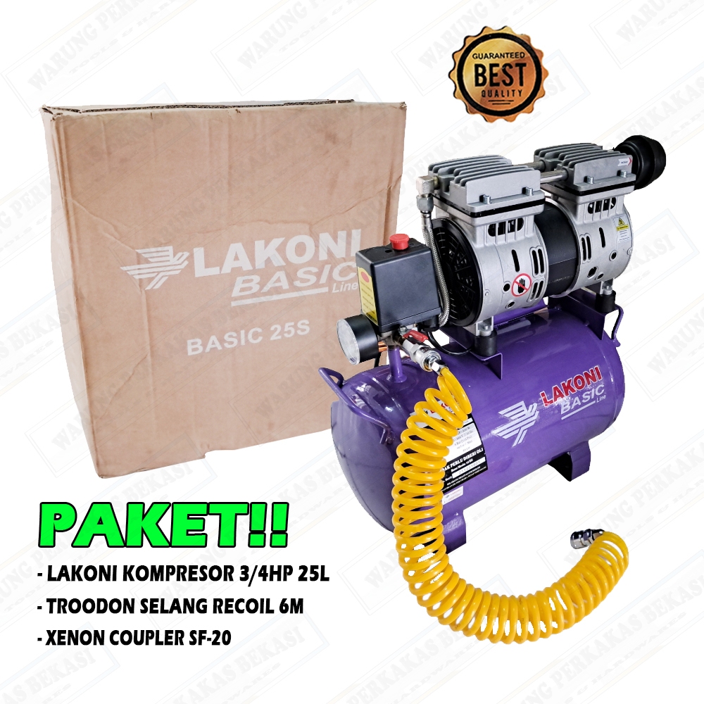 LOW WATT Set Lakoni 25L Mesin Kompresor Listrik Oilless Silent 0.75hp 3/4 HP Tank 25 Liter Basic - T