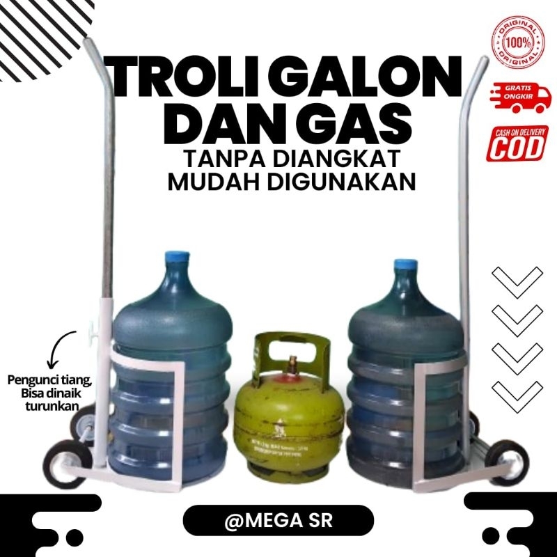 TROLY TANPA D ANGAKAT TROLI PRAKTIS GALON/TABUNG GAS3kg/RAK GALON DORONG+TROLI RODA BESI PIPA PLAT S