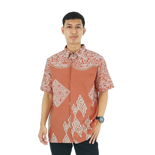 BATIK TRUSMI Atasan Batik Kemeja Batik Pria Motif Mega Mendung Gng AK Orange PR