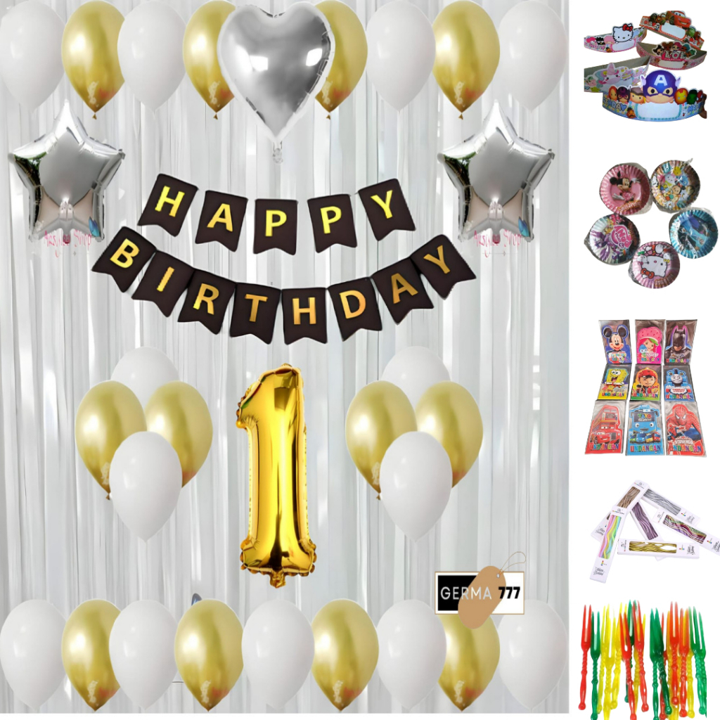 Set Dekorasi Ulang Tahun Balon Banner Tirai Putih Dan Perlengkapan Ultah Anak Simple