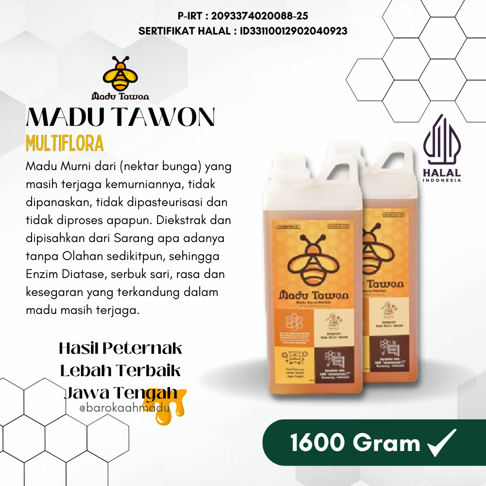 

Madu Asli 100% - Madu Murni Nektar Multiflora 1600Gr - Pure Natural Raw Honey | Madu Tawon HALAL - DINKES
