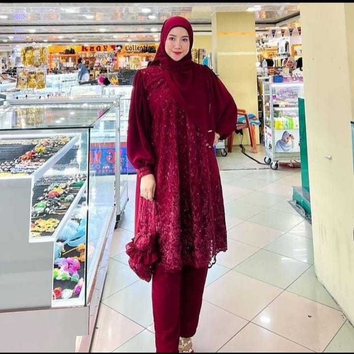 Lexi Set Baju Setelan Wanita Terbaru Bahan Ceruti Brokat Brukat Atasan Tunik Celana Panjang Murah Mo