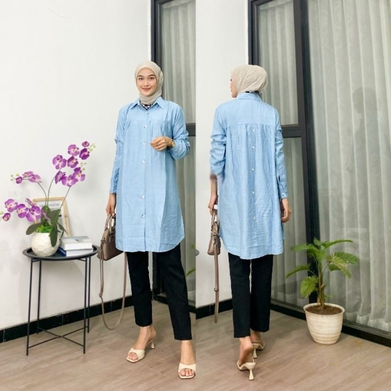 Zeva Tunik Kancing Depan Belakang / Tunik Polo Linen Kancing / Tunik Murah Kekinian