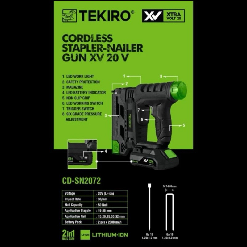 TEKIRO CORDLESS STAPLER NAILER GUN XV 20 V MESIN PAKUNTEMBAK BATERAI JAPAN