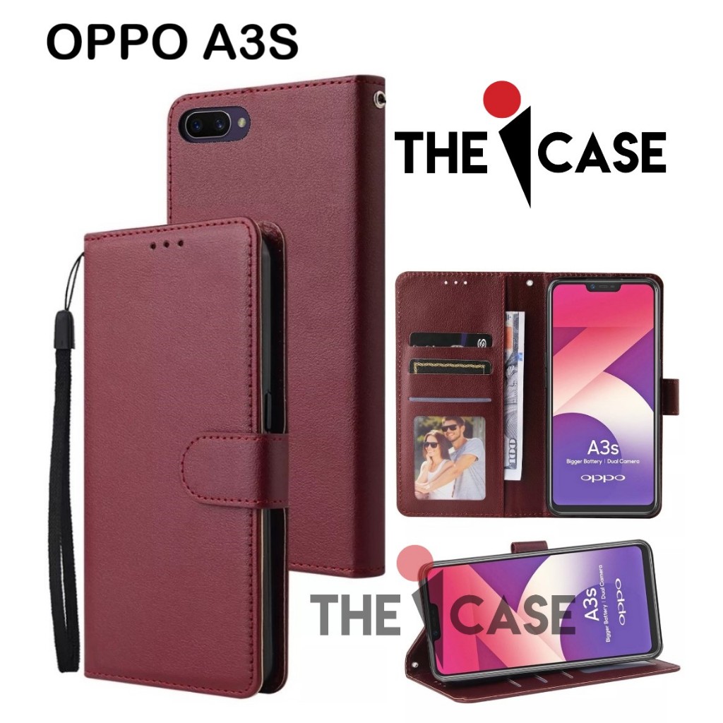 Casing OPPO A3S model flip buka tutup case kulit ada tempat foto dan kartu juga tali hp flip cover