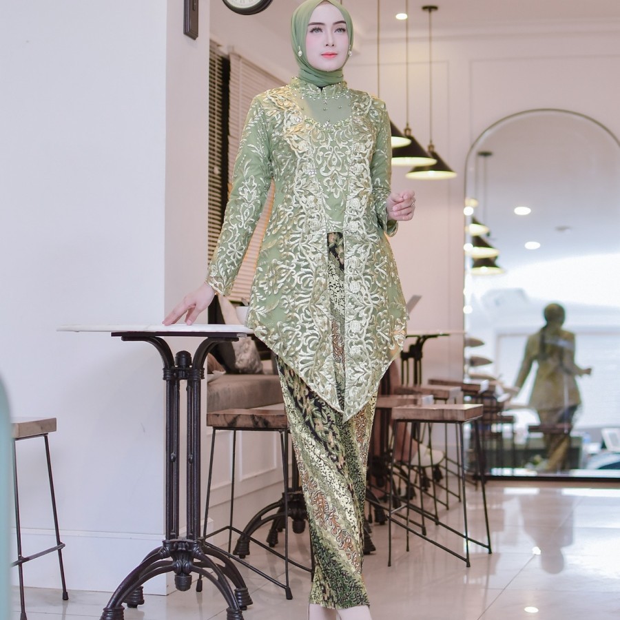 Kebaya Modern Terbaru Kutu Baru Payet Mutiara - Sage green