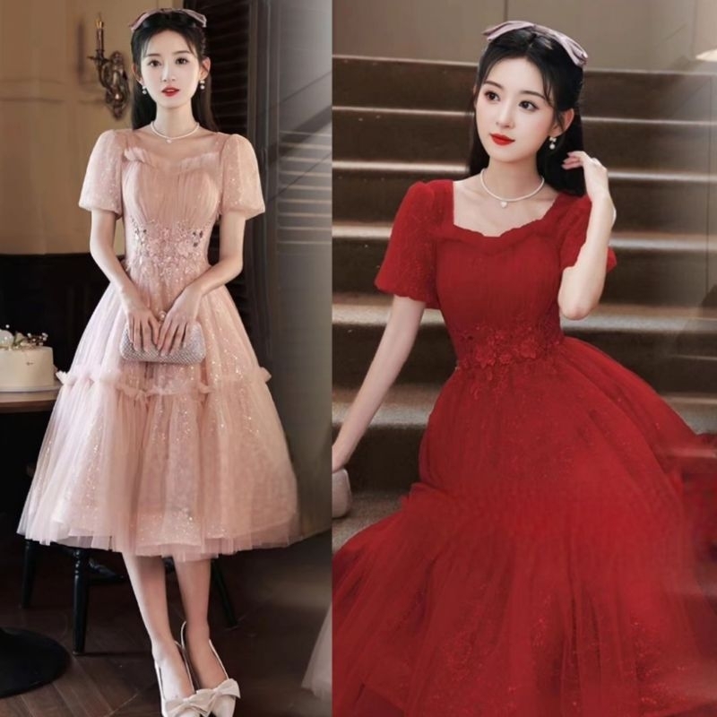 flare dress peach maroon rose gold soft pink midi gown mekar dress acara pesta party event wedding a