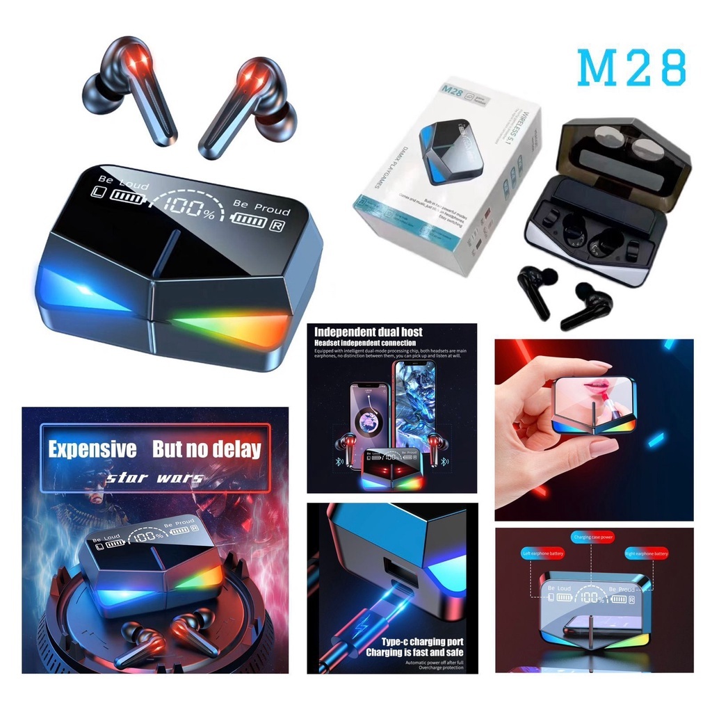 M28 - Headset TWS M-28 Bluetooth Gaming M 28 Earphone Stereo Digital Display Wireless Headset 2in1