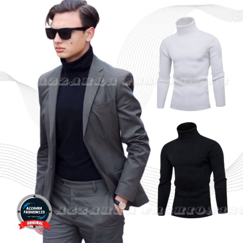 Sweater Turtleneck Cotton Rib Premium Longseve slimfit Pria Hitam Putih Daleman Jas Rajut Korea Styl