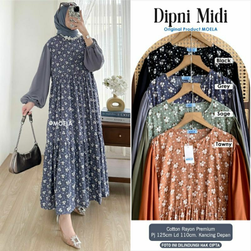 Dipni Midi By Moela - Midi Dress Rayon XL Ld110 Motif Bunga Cantik Best Seller