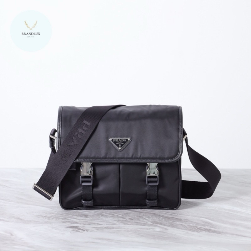 PRADA Triangle Logo Flap Shoulder Bag in Black Re-Nylon x Saffiano Leather