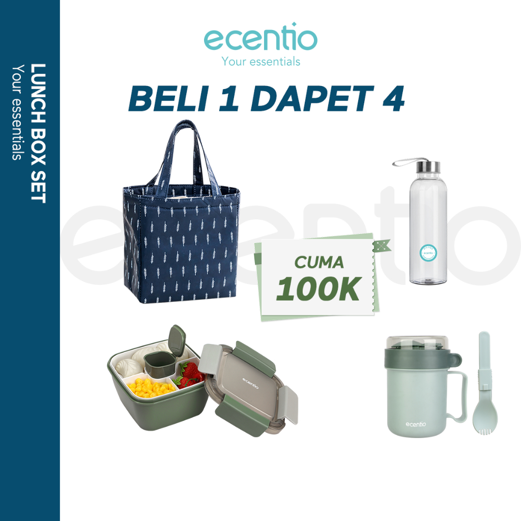 	 【Live exclusive】ecentio lunch box set double-layer 4pcs dan tas bekal botol minum portable	