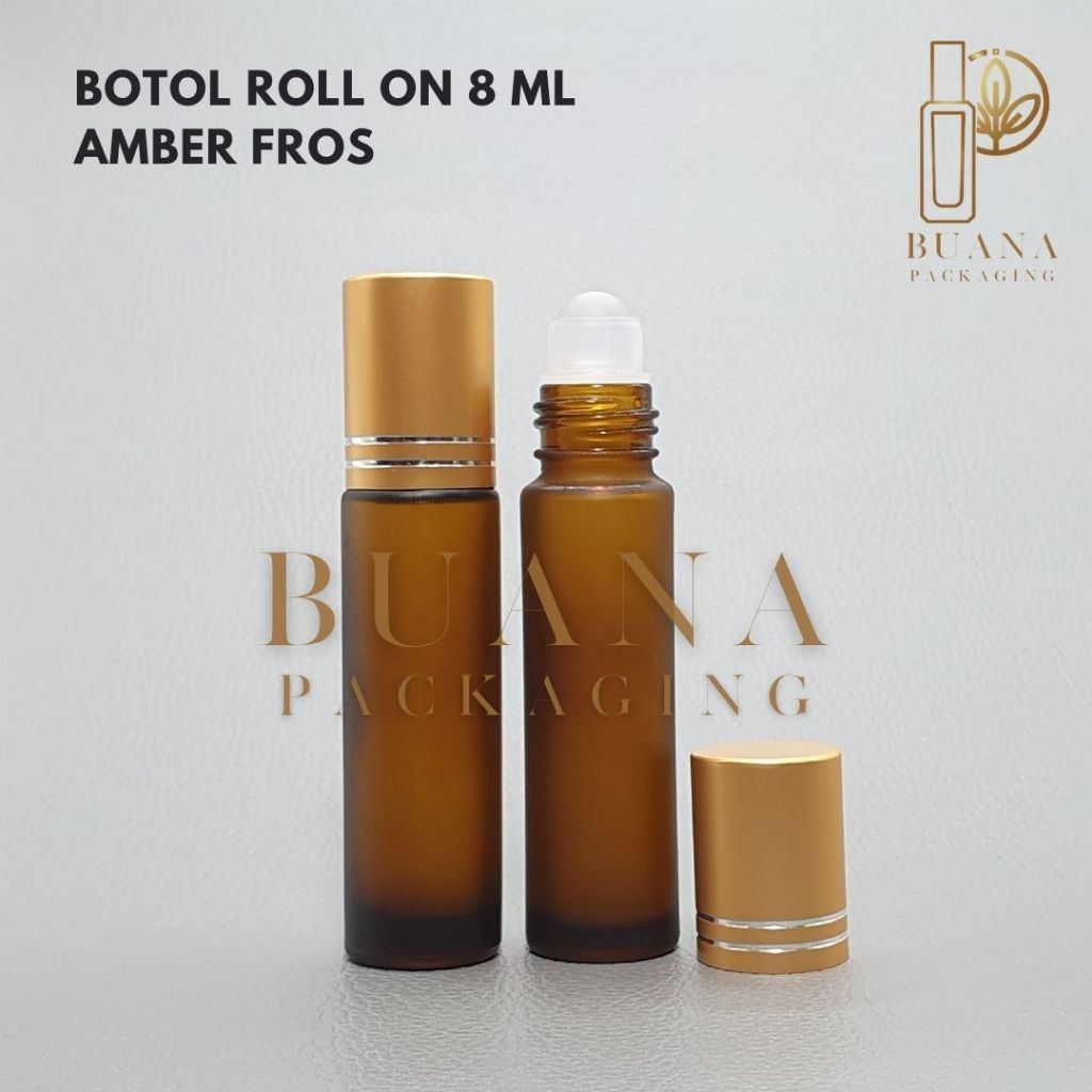 Botol Roll On 8 ml Amber Frossted Tutup Stainles Emas Matte Bola Plastik Natural / Botol Roll On / Botol Kaca / Parfum Roll On / Botol Parfum / Botol Parfume Refill / Roll On 10 ml