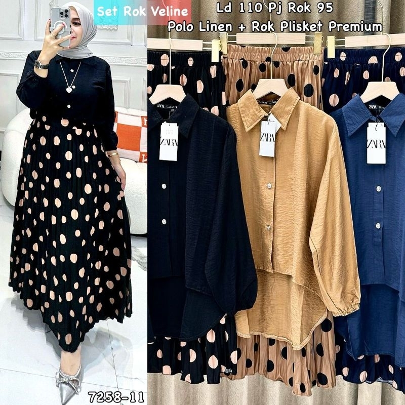 Veline set skirt warna navy coklat Milo hitam setelan wanita atasan kemeja blouse bahan polo linen r