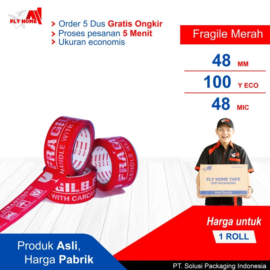 

FLYHOME Fragile merah 100yard 48mm x 100yard 2inci 1 roll lakban Fragile 100 yard ECO