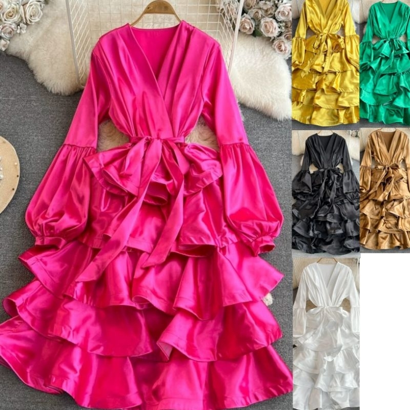 long sleeve ruffle midi dress ruffle skirt green hijau gold emas black hitam kuning yellow putih whi