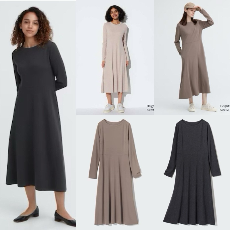Uniqlo Dress Wanita Flare Ponte Rib Knit Lengan Panjang Polos