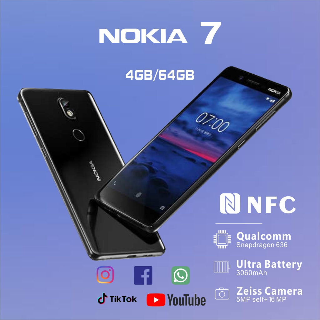 (cod) Nokia 7  hitam  4G-LTE /NFC/4GB+64GB/16MP+5MP/bouns / handphone nokia android /garansi indones