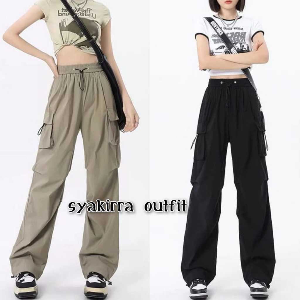 Celana Cargo Wanita Haighwaist Celana Cargo Pants Polos Casual Serut Oversize