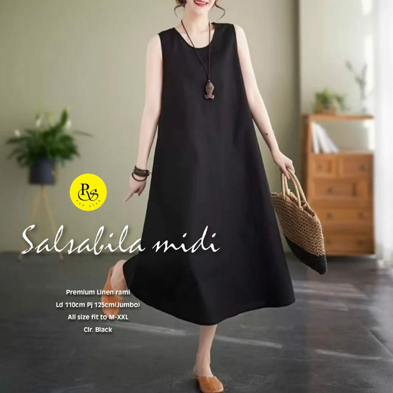 SALSABILA MIDI DRESS TANPA LENGAN POLOS MURAH