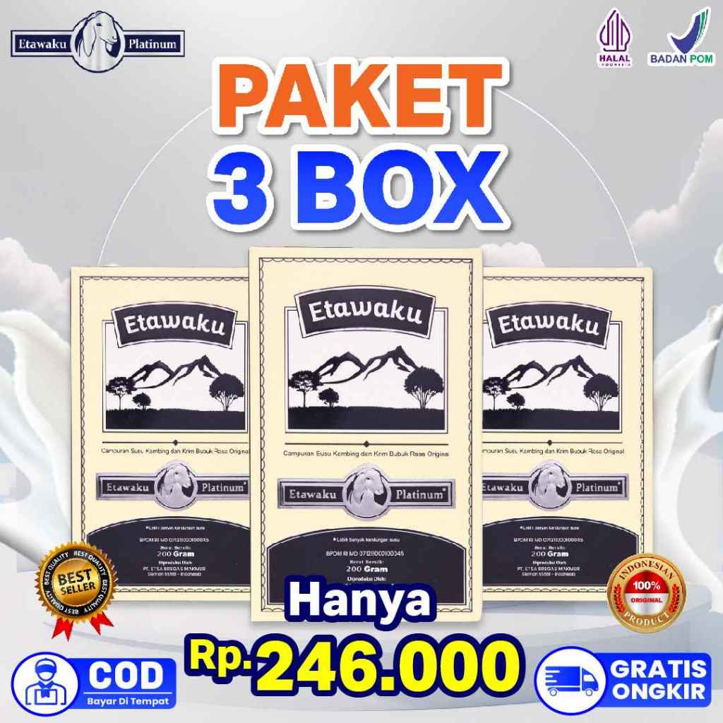 

PAKET 3 BOX Etawaku Platinum Susu Kambing Etawa Untuk Nyeri Tulang Sendi dan Sesak Nafas 200g/box