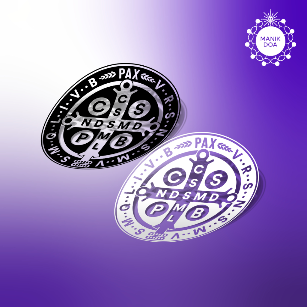 

Stiker Rohani Katolik Medali Santo Benediktus — Hitam, Putih (Latar Transparan) & Warna, Cutting Sticker Mobil, jurnaling, botol minum