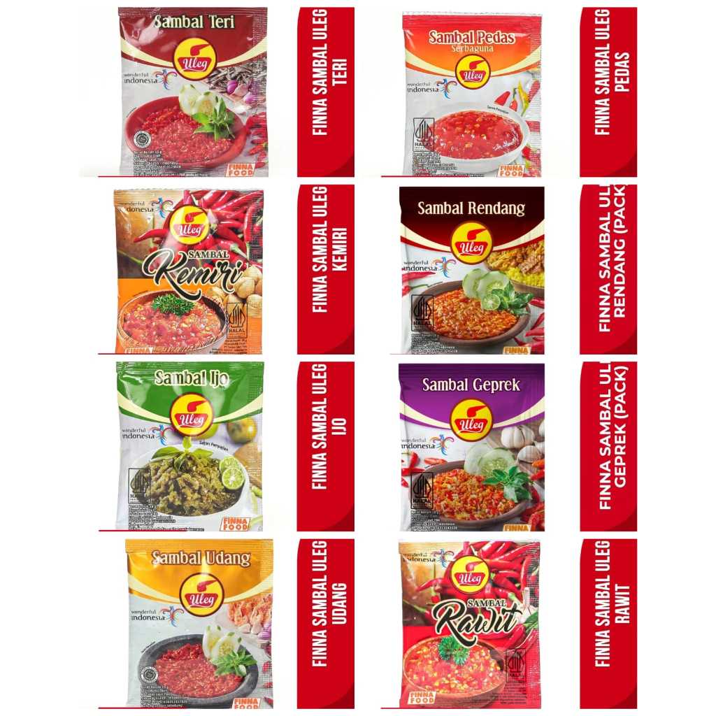 

SAMBEL ULEG FINNA ISI 10/SAMBEL PEDAS/SAMBEL BAWANG/SAMBEL UDANG/ SAMBEL RAWIT/ SAMBEL KEMIRI/ SAMBEL TERASI ISI 10