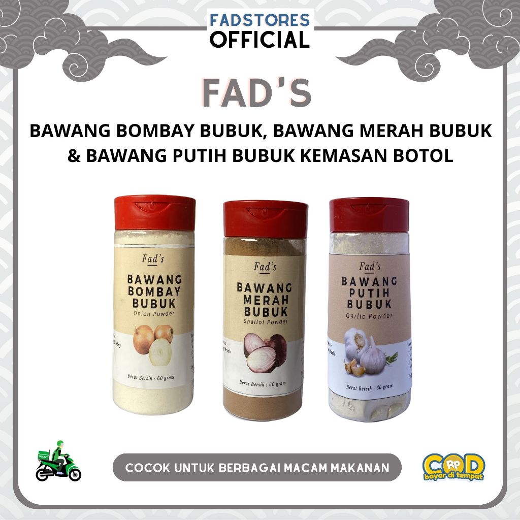 

[Kemasan Botol] Bubuk Bawang Putih Bubuk 60 Gram - Bawang Merah Bubuk 60 Gram - Bawang Bombay Bubuk 60 Gram - Fad's Rempah Bubuk