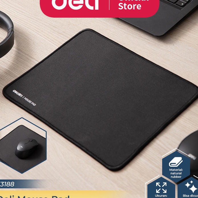 TERMURAH Deli Mouse Pad  Tatakan Mouse Polos 25 x 2 cm Warna Hitam Anti Slip Cocok untuk Kantor 3318