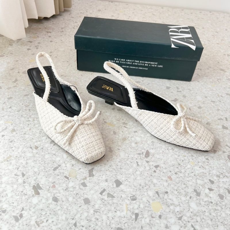 PROMO SALE Sepatu sandal zara selop heels 3 cm putih tweet pita tweed