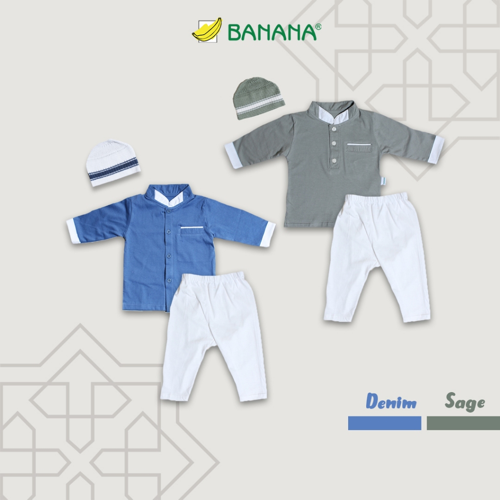 BANANA Setelan Baju Koko Bayi Laki-Laki Lengan Panjang + Peci Rajut