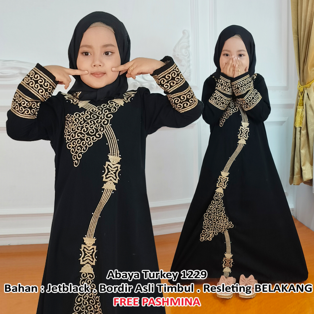Original Gamis Abaya Anak Perempuan + Pashmina Set Pasmina Pakaian Baju Muslim Dubai Mesir Free Hija