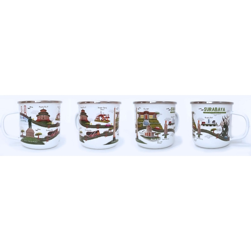 Gelas Mug Enamel oleh-oleh gift gambar icon Surabaya Indonesia