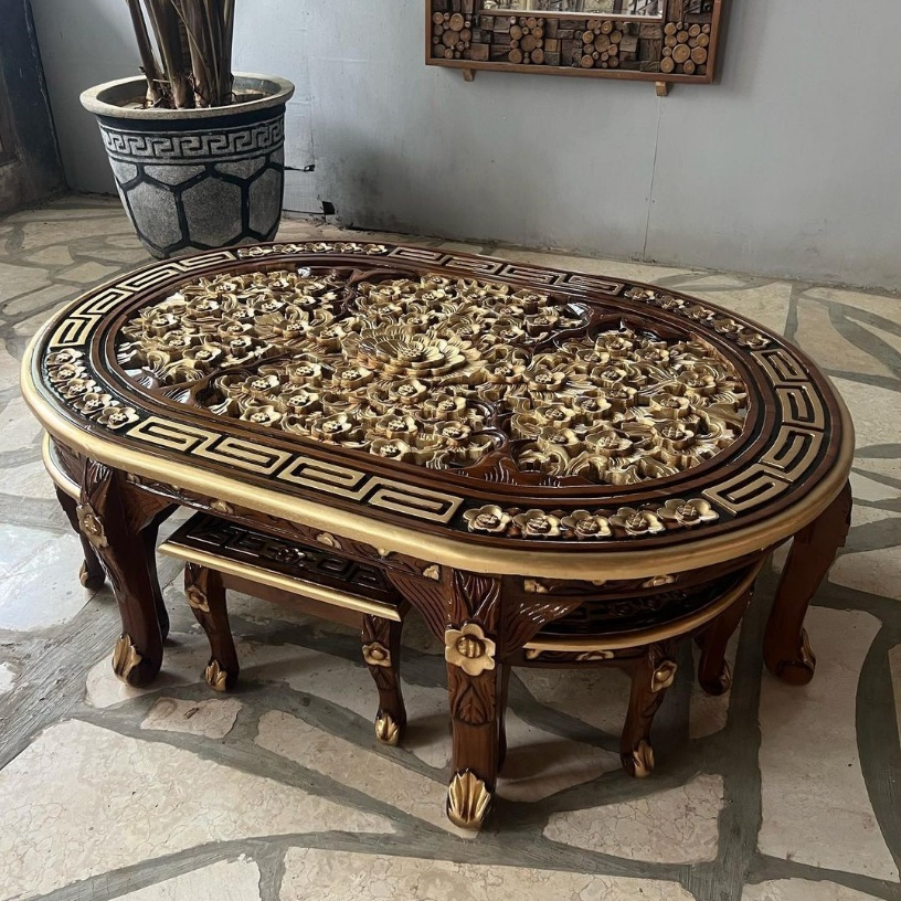 Meja Makan Meja Kopi Oval Lesehan Ukiran Motif Oshin 6 Kursi Kayu Jati