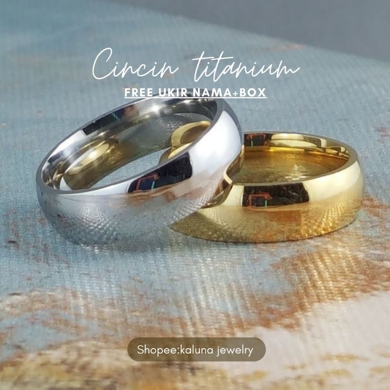 KALUNA - Cincin Pria Wanita Titanium Ukir Nama Gold Emas Silver Perak Emas Putih Pria Wanita Cincin 