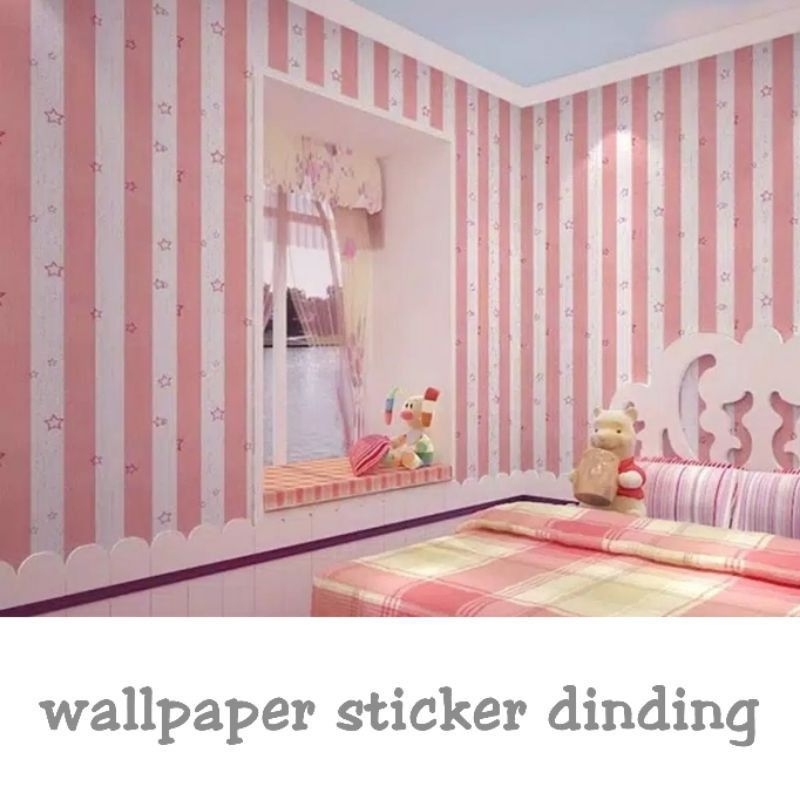wallpaper sticker Dinding pink bintang garis salur elegan