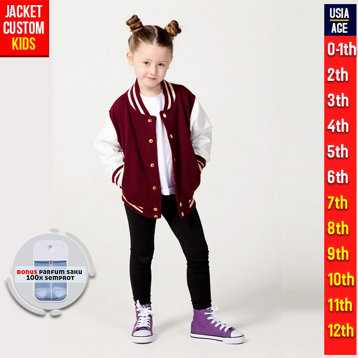 JAKET ANAK VARSITY POLOS ( MAROON PUTIH ) JACKET KIDS BASEBALL CUSTOM